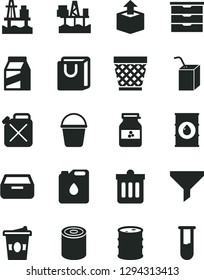 Solid Black Vector Icon Set - wicker pot vector, storage unit, packing of juice with a straw, bucket, dust bin, drawer, bag handles, package, unpacking, tin, coffe to go, jar jam, sea port, oil