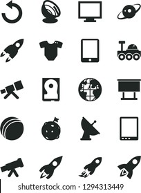 Solid Black Vector Icon Set - monitor vector, counterclockwise, t short, bath ball, billboard, rocket, space, planet, tablet pc, hdd, telescope, satellite antenna, saturn, lunar rover, flag on moon