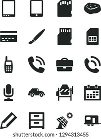 Solid Black Vector Icon Set - tassel vector, desktop microphone, calendar, bank card, concrete mixer, nightstand, phone call, piece of meat, big solar panel, retro car, SIM, portfolio, pencil, sd