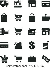 Solid Black Vector Icon Set - paper bag vector, bank card, dollar, e, city block, cart, put in, crossed, cards, kiosk, stall, shopping, basket, reverse side of a, hand, Express delivery, cashbox