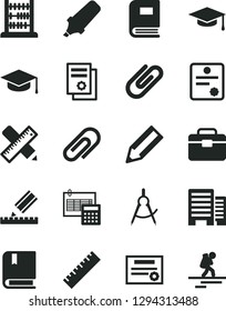 Solid Black Vector Icon Set - clip vector, yardstick, e, abacus, portfolio, buildings, writing accessories, drawing, calculation, square academic hat, scribed compasses, pencil, text highlighter