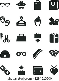 Solid Black Vector Icon Set - purse vector, spectacles, hat with glasses, accessories for a hairstyle, comb, warm socks, shoes little children, winter, bag handles, folded shirt, hanger, hand