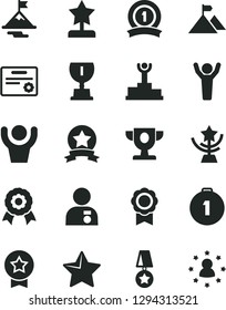 Solid Black Vector Icon Set - star vector, medal, winner podium, prize, award, cup, reward, man hands up, with, motivation, mountain flag, first place, ribbon, certificate, stars around