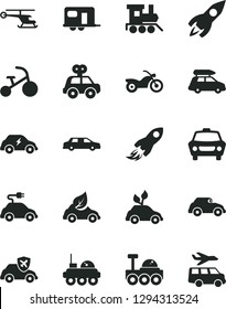 Solid Black Vector Icon Set - motor vehicle present vector, baby toy train, tricycle, car, eco, environmentally friendly transport, electric, retro, autopilot, rocket, space, lunar rover, helicopter