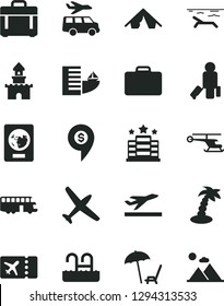 Solid Black Vector Icon Set - case vector, sand castle, helicopter, dollar pin, plane, bus, passenger, suitcase, passport, ticket, departure, hotel, tent, beach, arnchair under umbrella, palm tree