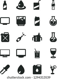 Solid Black Vector Icon Set - measuring cup for feeding vector, e, drop, screen, a glass of soda, tea, can, bottle, liquor, round flask, canister, oil, monitor, pipette, champagne, cocktail
