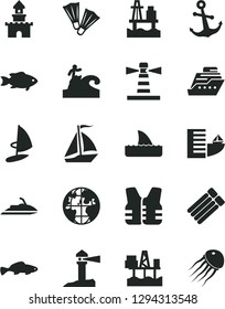 Solid Black Vector Icon Set - anchor vector, small fish, sea port, commercial seaport, lighthouse, coastal, planet, sand castle, sail boat, hotel, flippers, surfing, life vest, jet ski, cruiser