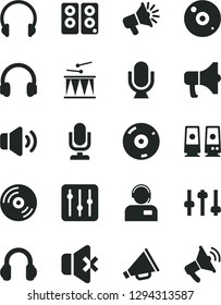 Solid Black Vector Icon Set - desktop microphone vector, horn, drumroll, headphones, CD, regulator, volume, no sound, operator, megaphone, loudspeaker, pc speaker, settings