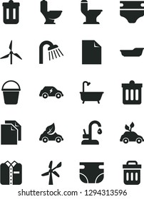 Solid Black Vector Icon Set - clean sheet of paper vector, diaper, nappy, bath, bucket, toilet, comfortable, shower, kitchen faucet, dust bin, folded shirt, windmill, wind energy, eco car, electric