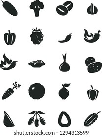 Solid Black Vector Icon Set - stick of sausage vector, slices onion, cabbage, cucumber, chili, garlic, coffee beans, quince, blackberry, goji berry, Bell pepper, ripe, red, hot, potato, carrot