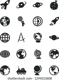 Solid Black Vector Icon Set - sign of the planet vector, globe, earth, scribed compasses, space rocket, core, saturn, lunar rover, man hold world, flag on moon