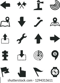 Solid Black Vector Icon Set - upward direction vector, downward, right, left, wind indicator, index finger, map, flag, move up, down, coastal lighthouse, repair, radar, cross flags, dollar pin