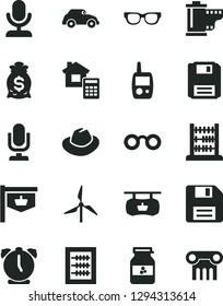 Solid Black Vector Icon Set - desktop microphone vector, floppy disk, hat, camera roll, new abacus, toy mobile phone, estimate, alarm clock, jar of jam, windmill, retro car, vintage sign, glasses