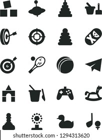 Solid Black Vector Icon Set - paper airplane vector, rubber duck, bath ball, stacking rings, toy, tumbler, sand set, children's, yule, rocking horse, cubes for children, box of bricks, joystick, cup