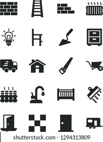 Solid Black Vector Icon Set - house vector, bedside table, baby cot, a chair for feeding, brickwork, brick wall, building trolley, trowel, arm saw, stepladder, ntrance door, tile, spatula, radiator