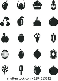 Solid Black Vector Icon Set - muffin vector, birthday cake, lollipop, popsicle, cone, a pineapple, apple, cherry, pomegranate, strawberry, medlar, mulberry, tasty, melon, delicious plum, ripe