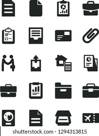 Solid Black Vector Icon Set - briefcase vector, scribbled paper, archive, upload data, portfolio, estimate, folder, suitcase, pass card, survey, clip, statistical report, overview, research, scanner