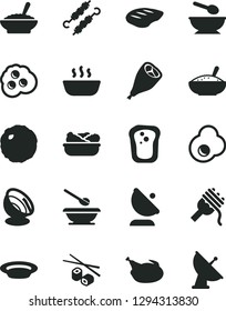 Solid Black Vector Icon Set - deep plate with a spoon vector, plates and spoons, spaghetti, bowl of buckwheat porridge, rice, hot, lettuce in, chicken, grill leg, chop, meat on skewers, cabbage