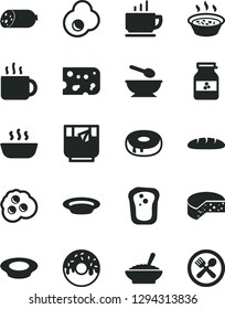 Solid Black Vector Icon Set - deep plate with a spoon vector, coffee, sausage, piece of cheese, loaf, cake hole, glazed, bowl buckwheat porridge, in saucepan, hot, milk, cup tea, glass, fried egg