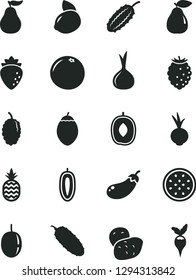 Solid Black Vector Icon Set - cucumber vector, beet, a pineapple, pear, raspberry, tasty, mulberry, delicious plum, passion fruit, sweet date, yellow lemon, half of, tamarillo, grapefruit, onion