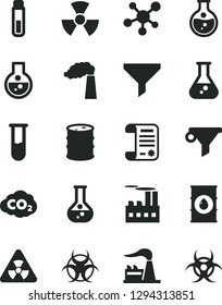 Solid Black Vector Icon Set - round flask vector, manufacture, factory, oil, barrel, industrial building, carbon dyoxide, filter, water, research article, test tube, molecule, nuclear, biohazard