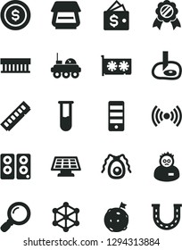 Solid Black Vector Icon Set - radiator fan vector, pc tower, memory, gpu card, scanner, speaker, wireless, magnifier, test tube, bactery, scientist, artifical insimination, sun panel, lunar rover
