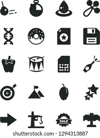 Solid Black Vector Icon Set - floppy disk vector, right direction, baby rattle, drum, core, timer, glazed cake with a hole, peper, mulberry, drop of oil, tower crane, SIM, sale, dna, mountain flag