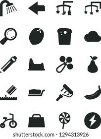 Solid Black Vector Icon Set - left direction vector, graphite pencil, toys over the cradle, cot, baby rattle, potty chair, child bicycle, paint roller, shower, drawing, Easter cake, slice, lollipop