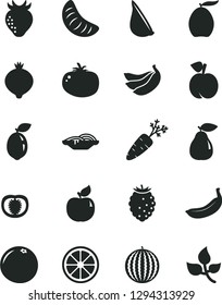 Solid Black Vector Icon Set - slices of onion vector, tomato, garlic, peach, pear, apricot, strawberry, medlar, tasty raspberry, water melon, loquat, slice tangerine, juicy lemon, banana, bananas