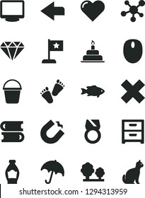 Solid Black Vector Icon Set - left direction vector, cross, children's tracks, birthday cake, books, bucket, heart, umbrella, nightstand, fish, bottle, trees, horseshoe magnet, mouse, monitor, pets