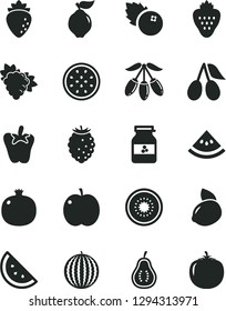 Solid Black Vector Icon Set - peper vector, jar of jam, blueberries, strawberry, orange slice, apple, pomegranate, branch grape, quince, raspberry, cornels, tasty, water melon, goji berry, half kiwi