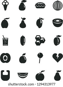 Solid Black Vector Icon Set - bib vector, broken heart, apple pie, Chupa Chups, a glass of soda, cone, pear, honeycombs, ripe peach, half apricot, water melon, mango, loquat, slice, date fruit, plum