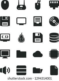 Solid Black Vector Icon Set - floppy disk vector, monitor window, archive, CD, big data, volume, part of guava, mouse, cpu, router, folder, coding, lan connector, cloud, file