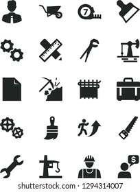 Solid Black Vector Icon Set - clean sheet of paper vector, builder, gears, building trolley, adjustable wrench, arm saw, long meashuring tape, wooden paint brush, writing accessories, putty knife