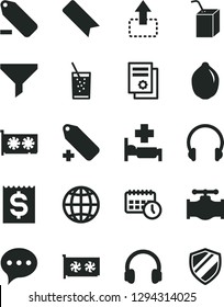 Solid Black Vector Icon Set - bookmark vector, add label, remove, packing of juice with a straw, speech, headphones, earth, move up, glass soda, lime, valve, filter, financial item, agenda, gpu card