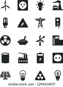 Solid Black Vector Icon Set - boiler vector, a bowl of buckwheat porridge, charging battery, solar panel, modern gas station, windmill, wind energy, factory, barrel, bulb, power pole, socket, idea