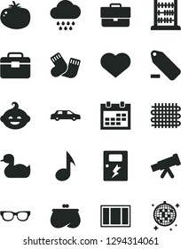 Solid Black Vector Icon Set - heart symbol vector, calendar, briefcase, remove label, rubber duck, cloud, warm socks, funny hairdo, abacus, window frame, portfolio, dangers, tomato, weaving, purse