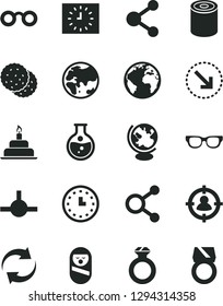 Solid Black Vector Icon Set - sign of the planet vector, renewal, roly poly doll, birthday cake, right bottom arrow, tin, biscuit, round flask, connection, connections, man in sight, wall watch