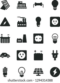 Solid Black Vector Icon Set - matte light bulb vector, incandescent lamp, power socket type b, f, solar panel, accumulator, battery, hydroelectric station, electric plug, industrial building, sun