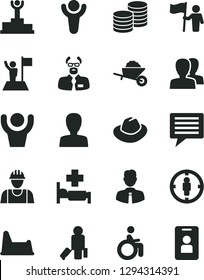 Solid Black Vector Icon Set - image of thought vector, woman, women, hat, potty chair, builder, garden trolley, employee, coins, goal, scientist, winner, podium, man with flag, hold, hands up