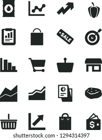 Solid Black Vector Icon Set - paper bag vector, grocery basket, growth up, line chart, graph, positive histogram, piece of meat, ripe pepper, oil, stall, cart, shopping, statistical report, research