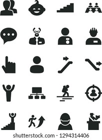 Solid Black Vector Icon Set - women vector, funny hairdo, workman, index finger, speech, racer, man, in sight, scheme, conversation, scientist, arrow up, stairway, winner, hands, with medal