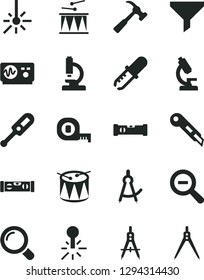 Solid Black Vector Icon Set - zoom out vector, electronic thermometer e, drumroll, drum, measuring tape, construction level, building, stationery knife, hammer with claw, magnifier, mercury, outdoor