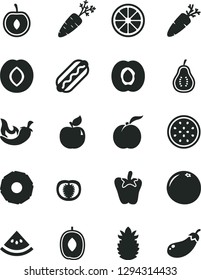 Solid Black Vector Icon Set - Hot Dog vector, chili, peper, carrot, ripe peach, half apricot, plum, delicious, cherry, juicy lemon, of passion fruit, pineapple, slice, grapefruit, part guava, tomato