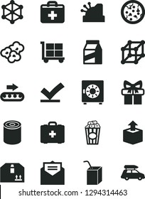Solid Black Vector Icon Set - cargo trolley vector, first aid kit, medical bag, packing of juice with a straw, received letter, strongbox, cardboard box, package, unpacking, tin, pizza, popcorn, cup