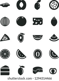 Solid Black Vector Icon Set - piece of cheese vector, pizza, slices onion, cake, orange slice, water melon, half mango, peach, lemon, tamarillo, sour lime, grapefruit, tomato