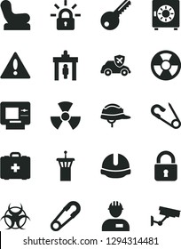 Solid Black Vector Icon Set - warning vector, Baby chair, safety pin, open, medical bag, workman, key, construction helmet, lock, strongbox, radiation hazard, autopilot, encrypting, nuclear, atm