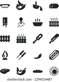 Solid Black Vector Icon Set - electronic thermometer vector e, mercury, radiator, new, boiler, sausage, loaf, Hot Dog, mini, porridge, chop, barbecue, chili, red pepper, steel production, cast iron