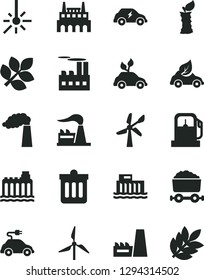 Solid Black Vector Icon Set - dust bin vector, apple stub, gas station, windmill, wind energy, manufacture, factory, hydroelectric, hydroelectricity, industrial building, thermal power plant