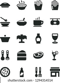 Solid Black Vector Icon Set - plates and spoons vector, plastic fork, iron, coffee, pizza, piece of cake, pie, a bowl rice porridge, in saucepan, bacon, French fries, fried potato slices, glass, pan